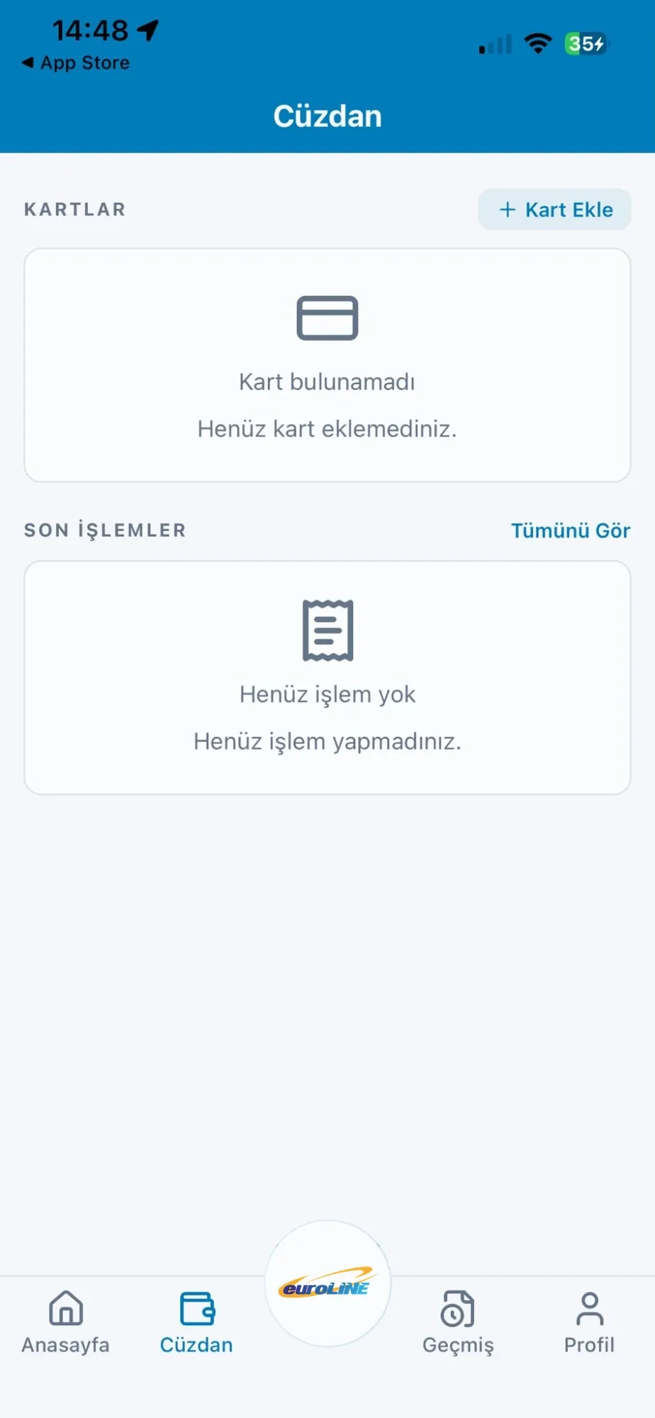 Euroline Mobil uygulaması: Cüzdan ekranı