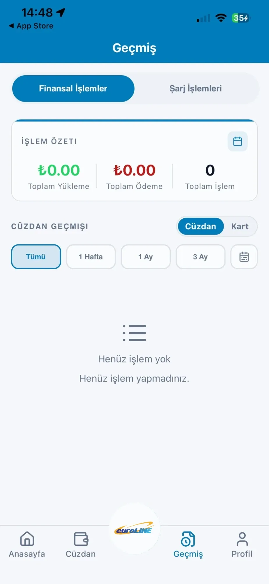 Euroline Mobil uygulaması: işlem geçmişi ekranı